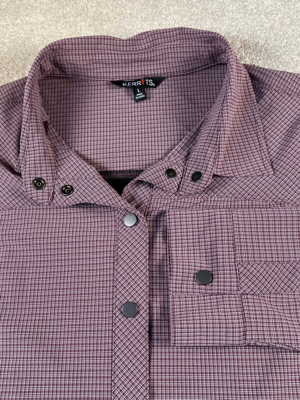 Kerrits Snap Front Shirt Purple Plaid Performance Pockets Roll Sleeves Women Lg
